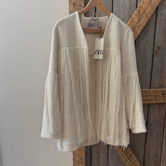 NWT Zara ivory textured fringe jacket- Size M - Picture 1 of 3